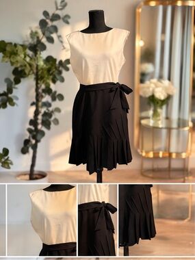 Marvin Richards Black & Ivory Pleated Cocktail Dress | Classic Colorblock Dress